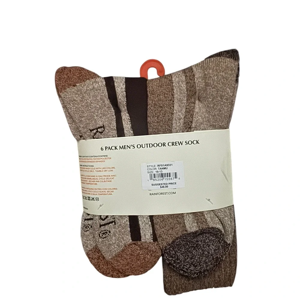 Rainforest 6 Pack Mens Outdoor Crew Socks Tan Brown Marled Arch Support 6-12 NEW - Picture 2 of 2